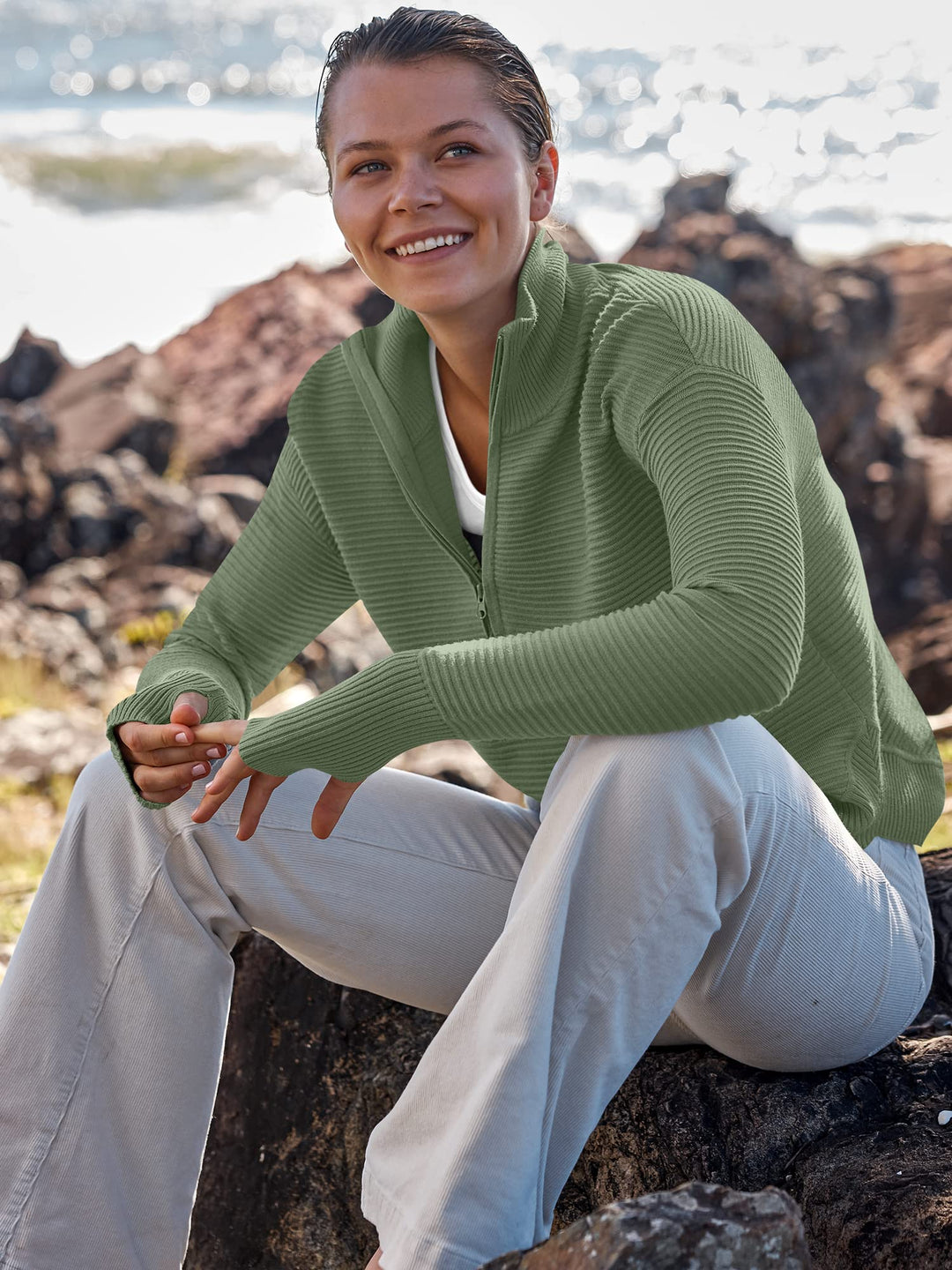 ANRABESS Womens Long Sleeve Quarter Zip Pullover Sweater Casual Loose V Neck Collared Ribbed Knit Jumper Tops Thumb Hole