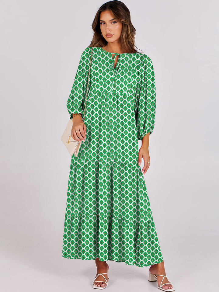 ANRABESS Womens Boho Maxi Dresses 2025 Summer V Neck Puff Sleeve Floral Flowy Swing Fall Casual Long Dress