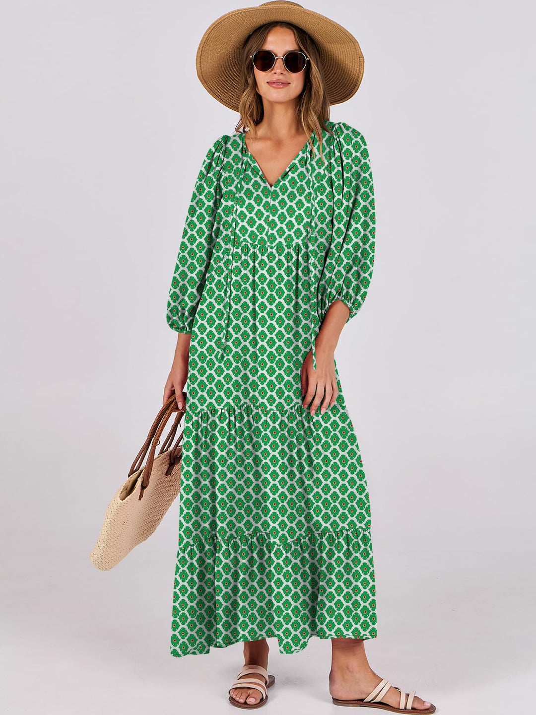 ANRABESS Womens Boho Maxi Dresses 2025 Summer V Neck Puff Sleeve Floral Flowy Swing Fall Casual Long Dress