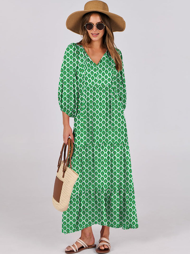 ANRABESS Womens Boho Maxi Dresses 2025 Summer V Neck Puff Sleeve Floral Flowy Swing Fall Casual Long Dress