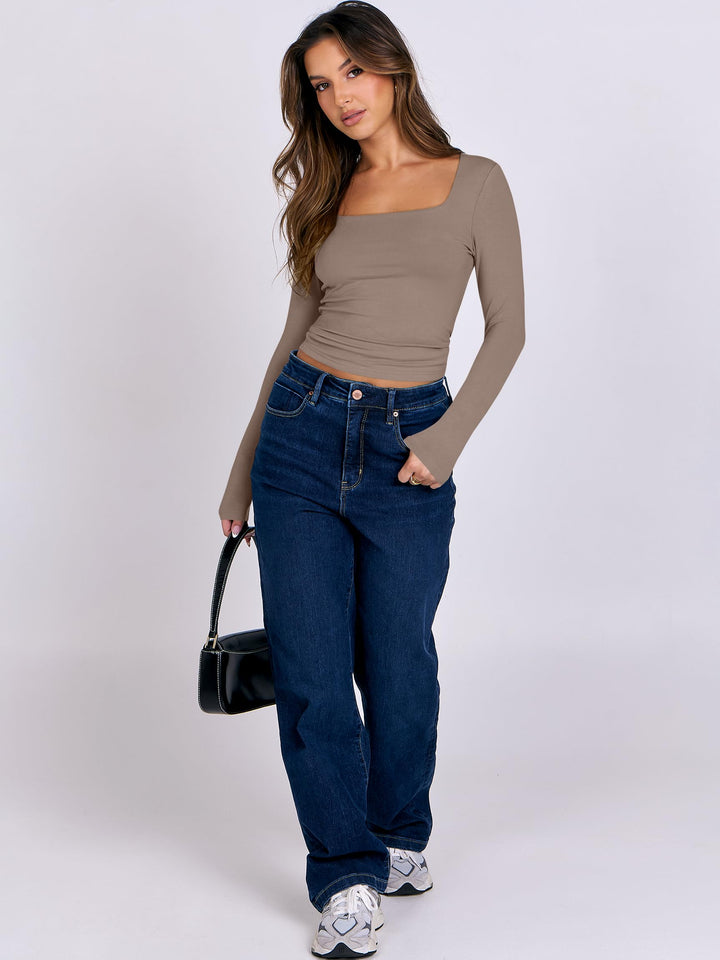 ANRABESS Women Long Sleeve Shirts Crop Tops Double Lined Square Neck Tight Fitted Going Out Basic Tee 2025 Y2K Fall Outifis