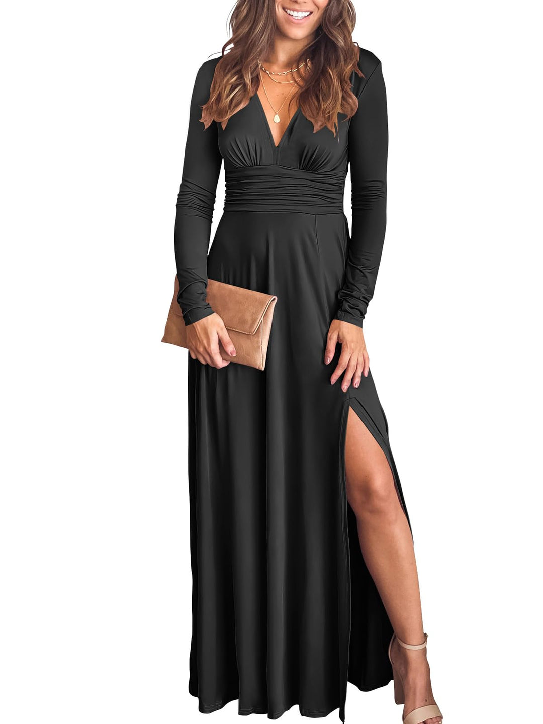 ANRABESS Women Summer Deep V Neck Short Sleeve Dresses Slit Elegant Wedding Guest Formal Cocktail Evening Maxi Long Dress