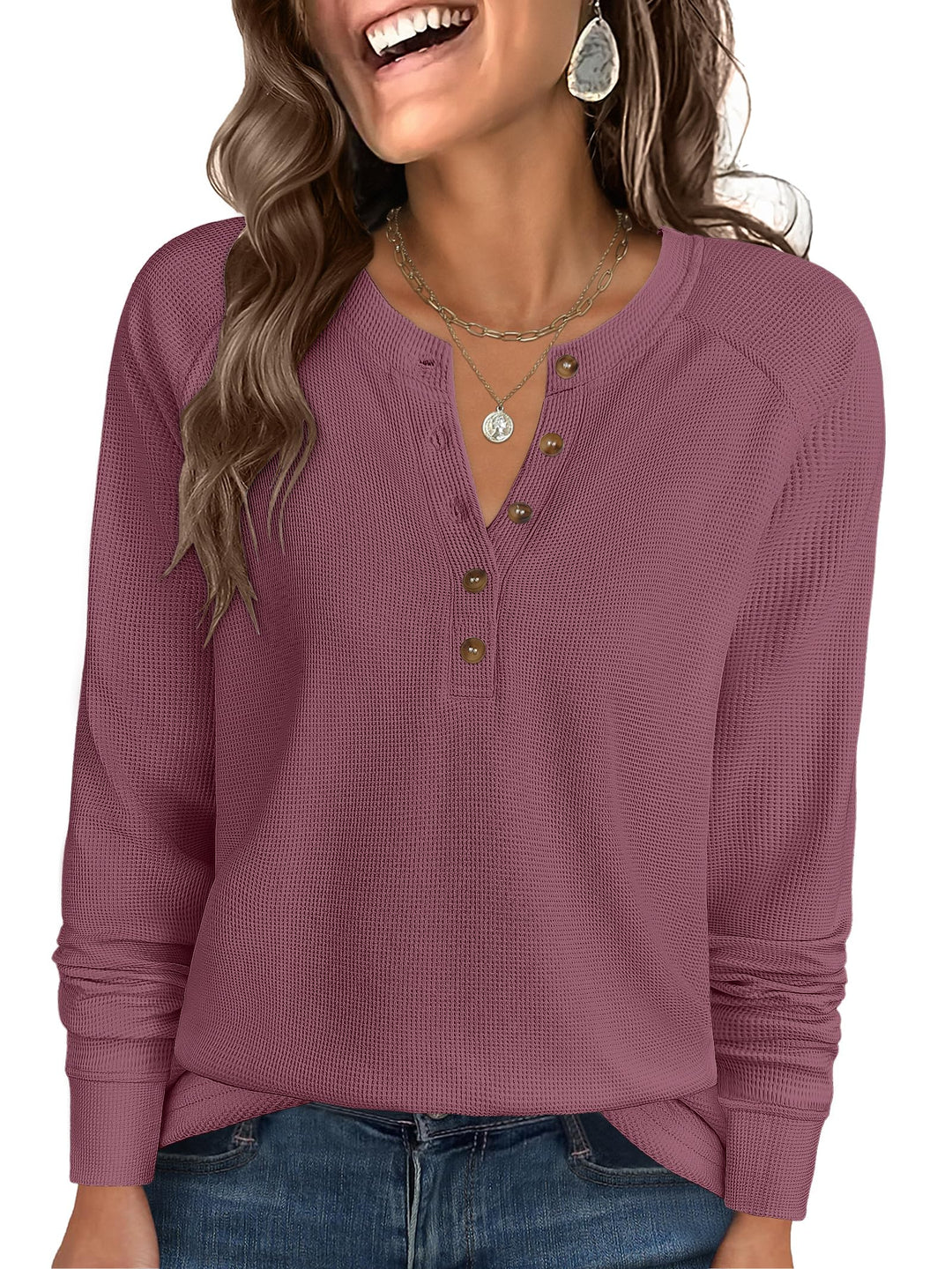 ANRABESS Women's Long Sleeve Waffle Knit Shirts Dressy Casual Loose Button Up V Neck Henley Tops 2025 Fall Basic Tee Blouse