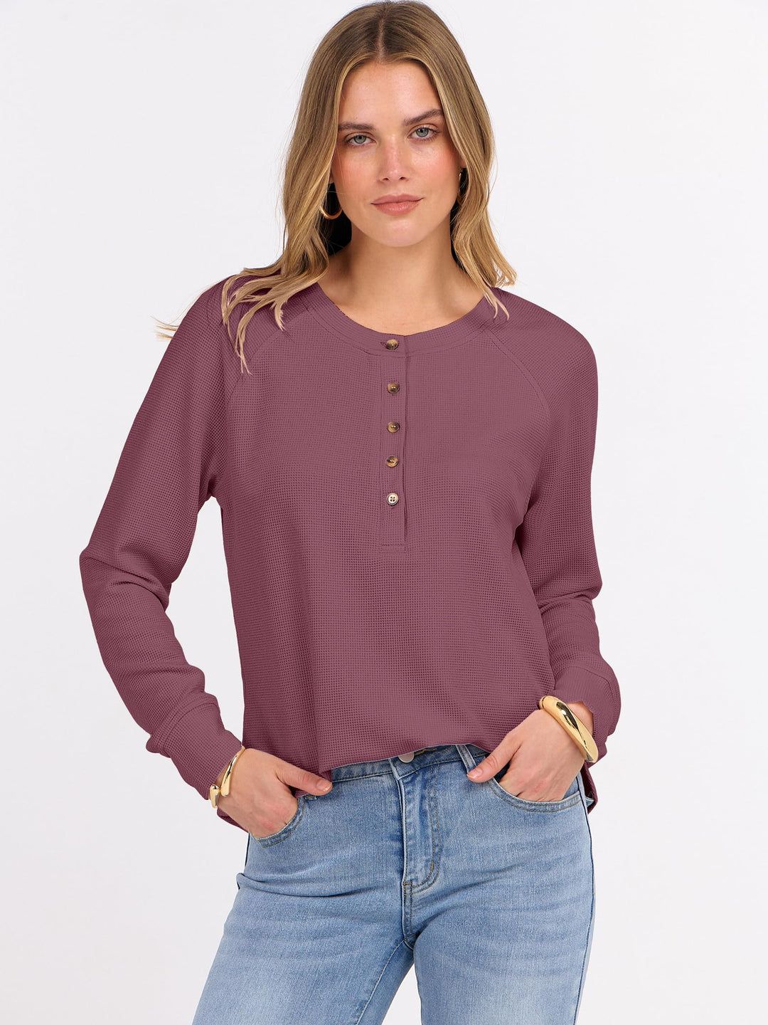 ANRABESS Women's Long Sleeve Waffle Knit Shirts Dressy Casual Loose Button Up V Neck Henley Tops 2025 Fall Basic Tee Blouse