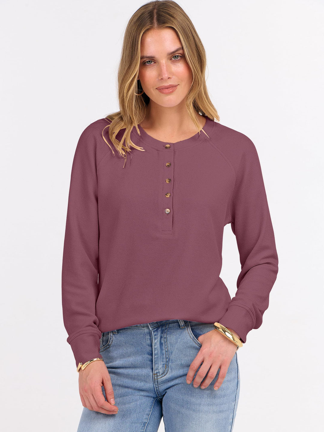 ANRABESS Women's Long Sleeve Waffle Knit Shirts Dressy Casual Loose Button Up V Neck Henley Tops 2025 Fall Basic Tee Blouse