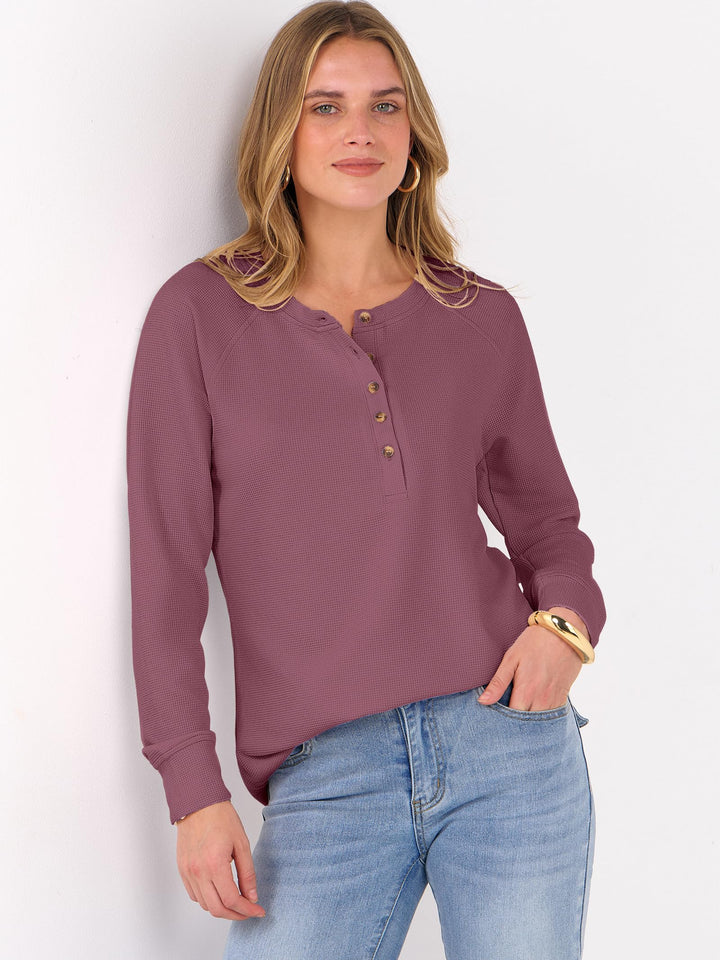 ANRABESS Women's Long Sleeve Waffle Knit Shirts Dressy Casual Loose Button Up V Neck Henley Tops 2025 Fall Basic Tee Blouse