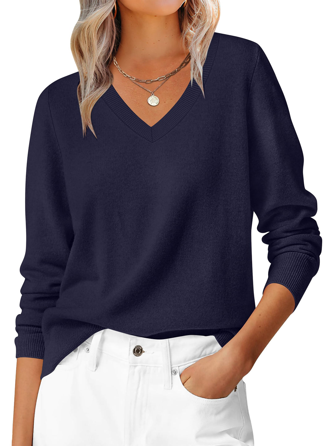 ANRABESS Womens Long Sleeve V Neck Sweaters 2025 Fall Fashion Wool Blend Work Pullover Top Travel Vacation Outfits