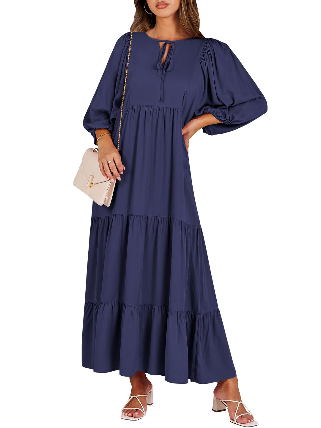 ANRABESS Womens Boho Maxi Dresses 2025 Summer V Neck Puff Sleeve Floral Flowy Swing Fall Casual Long Dress