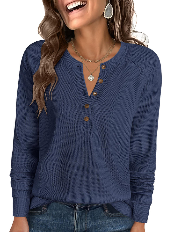 ANRABESS Women's Long Sleeve Waffle Knit Shirts Dressy Casual Loose Button Up V Neck Henley Tops 2025 Fall Basic Tee Blouse