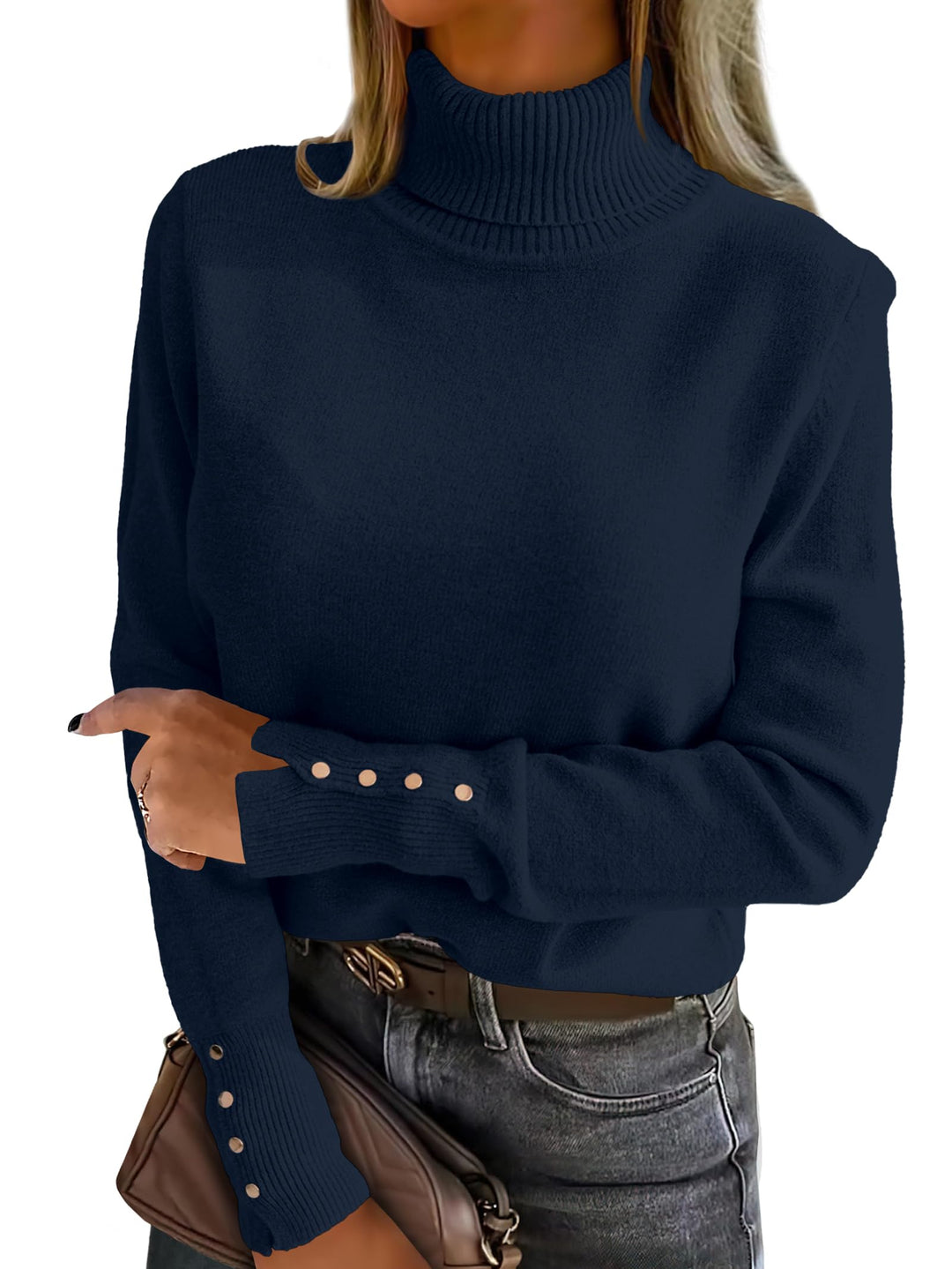 ANRABESS Turtleneck Sweaters for Women 2025 Fall Long Sleeve Dressy Casual Soft Knitted Button Basic Pullover Tops Outfits