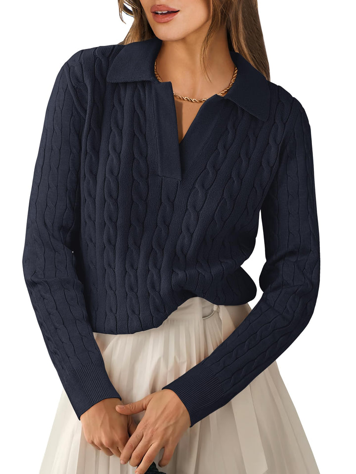 ANRABESS Womens Cable Knit Sweaters Long Sleeve V Neck Sweater Tops Casual Pullover Polo Shirts 2025 Fall Fashion Outfits