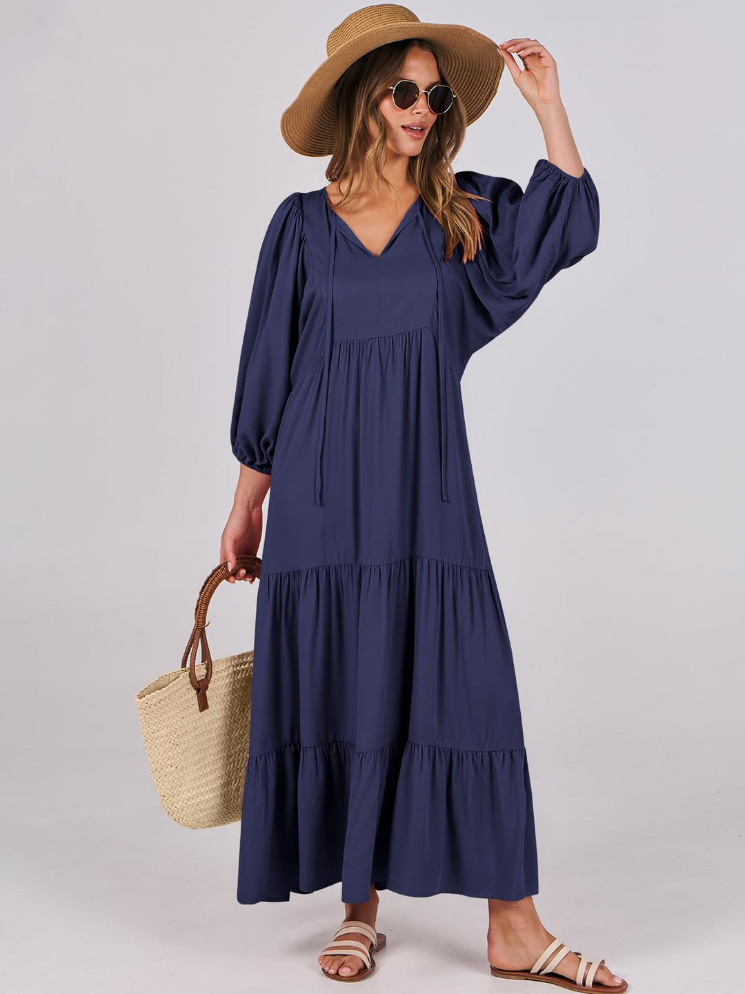 ANRABESS Womens Boho Maxi Dresses 2025 Summer V Neck Puff Sleeve Floral Flowy Swing Fall Casual Long Dress