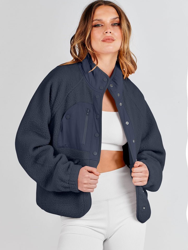 ANRABESS Womens Fuzzy Fleece Jacket Fall Casual Long Sleeve Cropped Sherpa Button Down Shacket Coats Outwear With Pockets