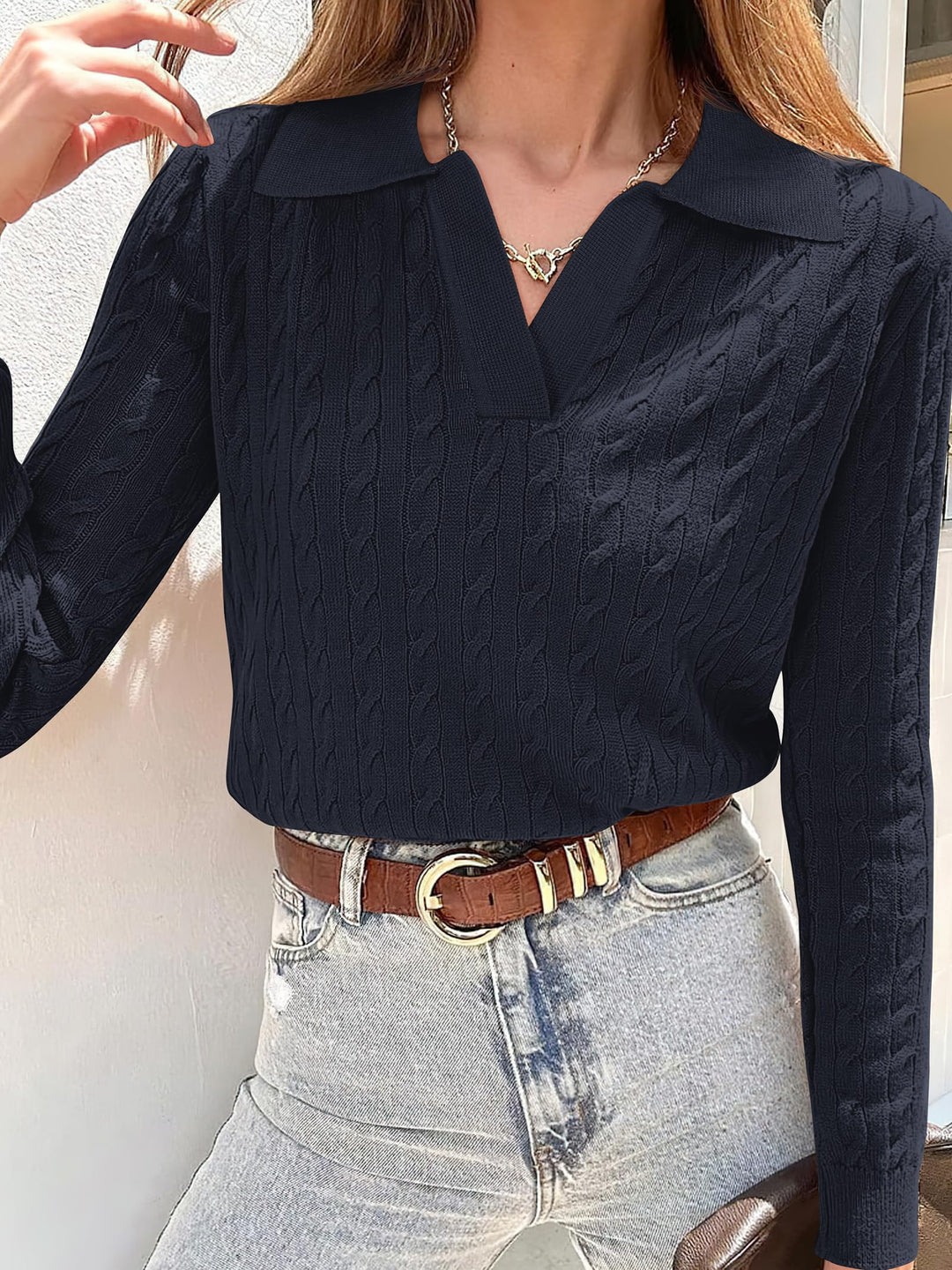 ANRABESS Womens Cable Knit Sweaters Long Sleeve V Neck Sweater Tops Casual Pullover Polo Shirts 2025 Fall Fashion Outfits