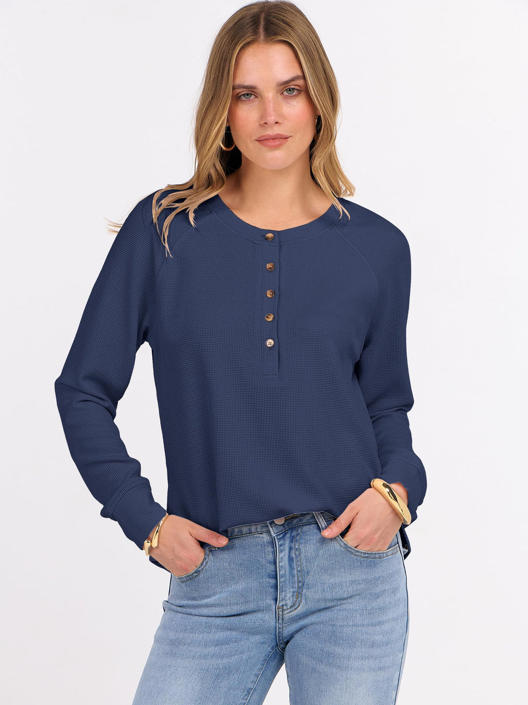 ANRABESS Women's Long Sleeve Waffle Knit Shirts Dressy Casual Loose Button Up V Neck Henley Tops 2025 Fall Basic Tee Blouse