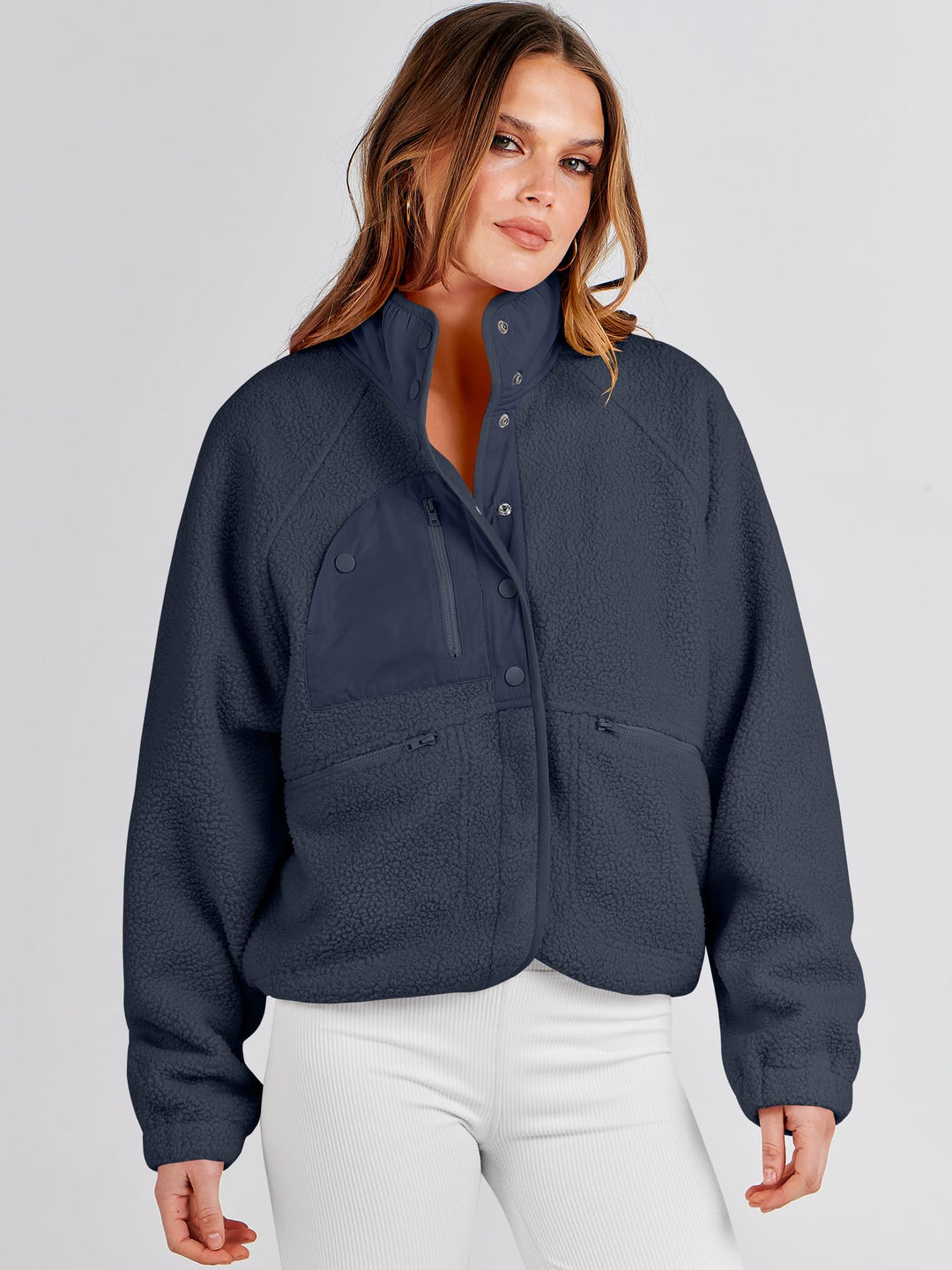 ANRABESS Womens Fuzzy Fleece Jacket Fall Casual Long Sleeve Cropped Sherpa Button Down Shacket Coats Outwear With Pockets