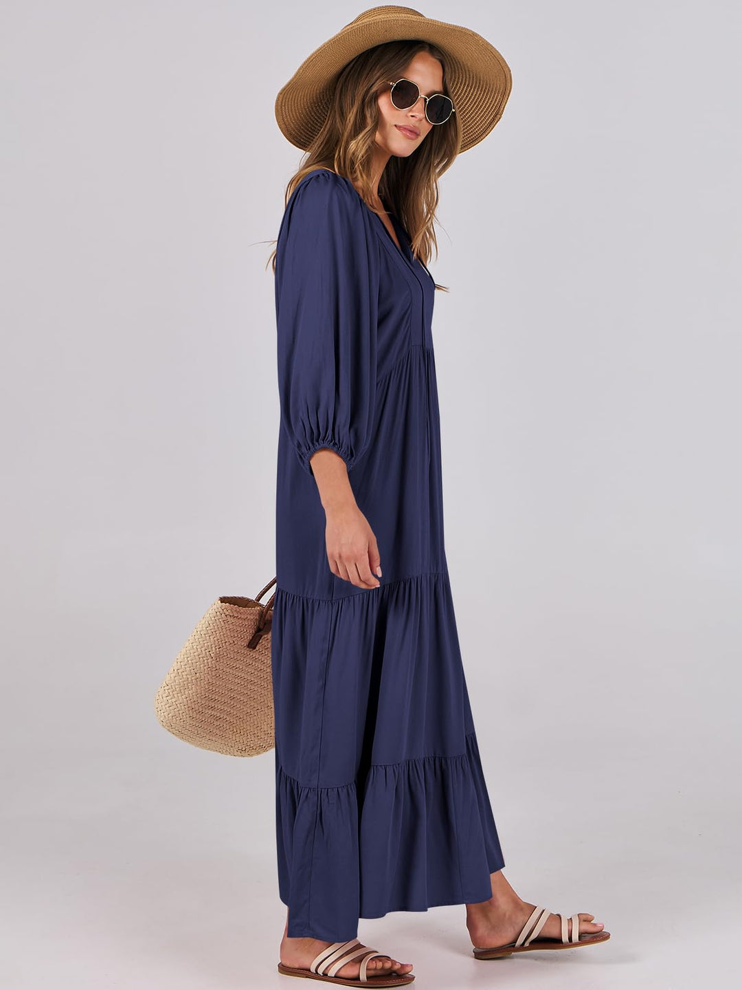 ANRABESS Womens Boho Maxi Dresses 2025 Summer V Neck Puff Sleeve Floral Flowy Swing Fall Casual Long Dress