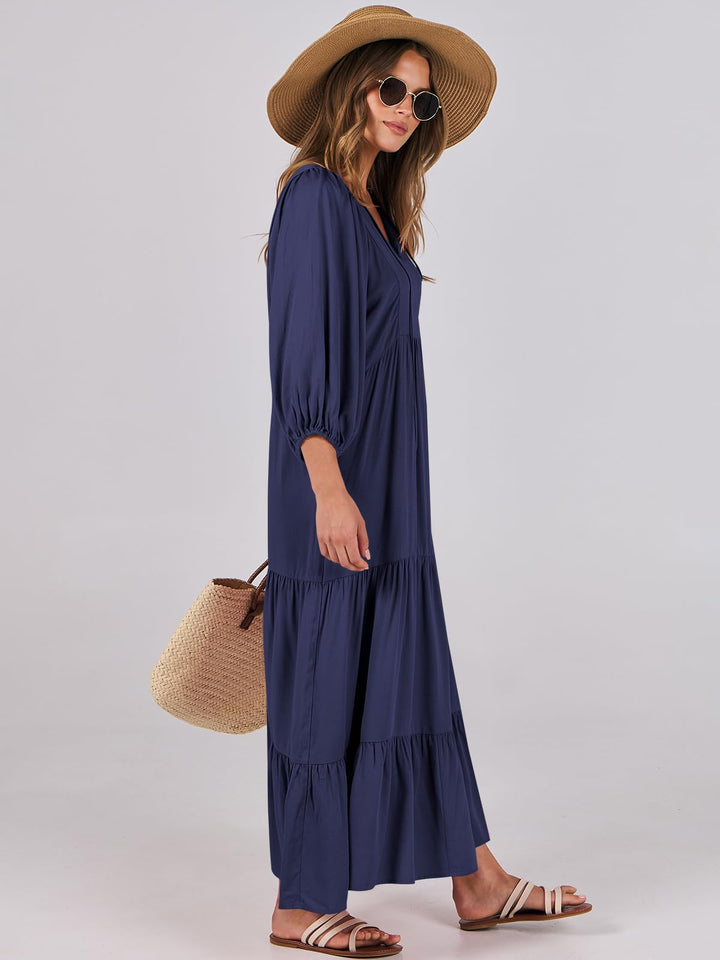 ANRABESS Womens Boho Maxi Dresses 2025 Summer V Neck Puff Sleeve Floral Flowy Swing Fall Casual Long Dress