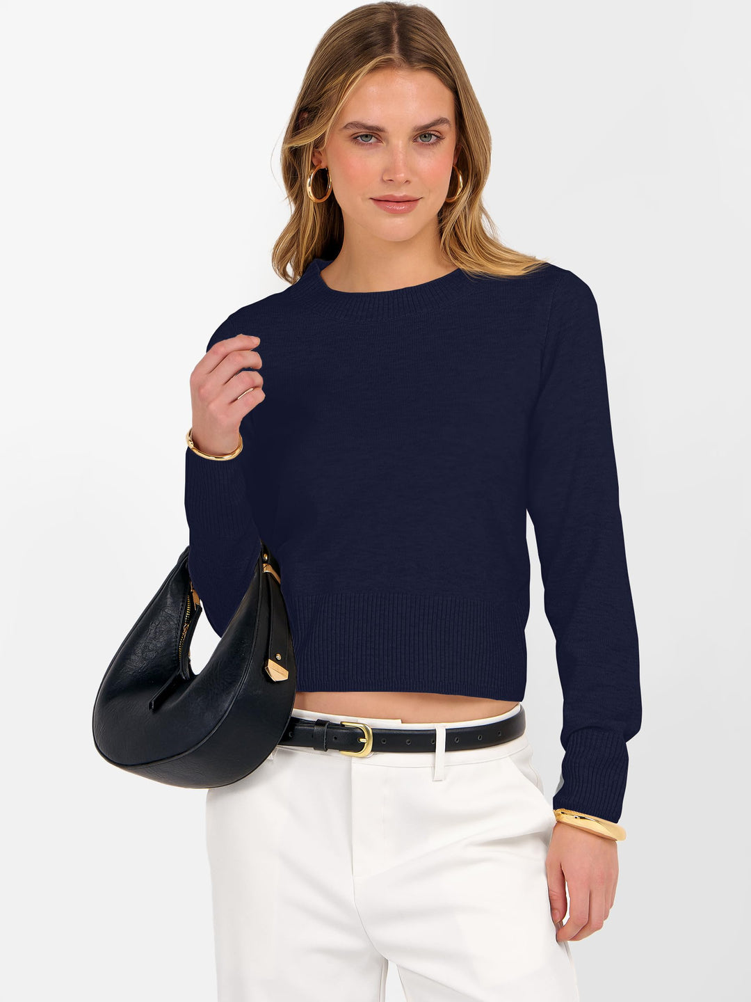 ANRABESS Women’s Long Sleeve Sweaters Cropped Crew Neck Business Casual Light Weight Sweater Tops Fall Fashion Clothes 2025