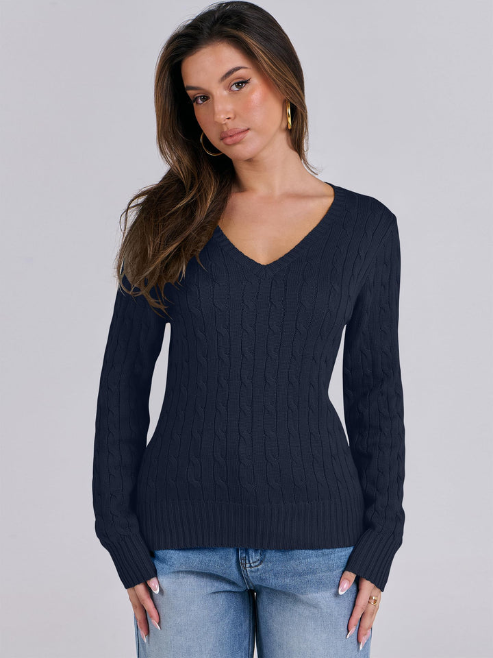 ANRABESS Womens Long Sleeve Cable Knit Sweater 2025 Fall Fashion V Neck Fitted Pullover Top Business Casual Work Fall Outfits