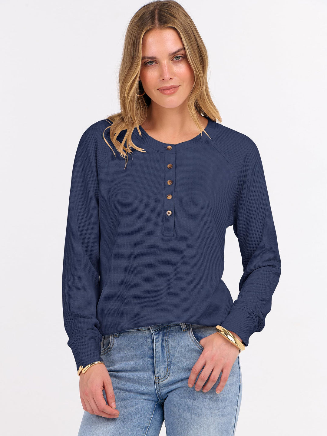 ANRABESS Women's Long Sleeve Waffle Knit Shirts Dressy Casual Loose Button Up V Neck Henley Tops 2025 Fall Basic Tee Blouse