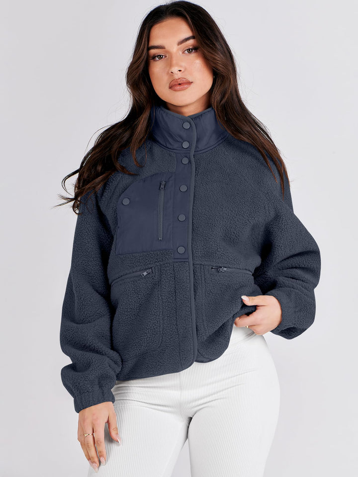 ANRABESS Womens Fuzzy Fleece Jacket Fall Casual Long Sleeve Cropped Sherpa Button Down Shacket Coats Outwear With Pockets