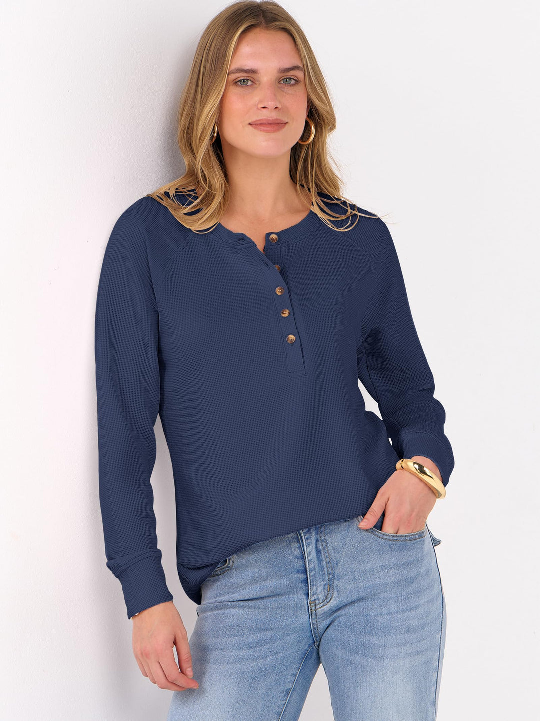 ANRABESS Women's Long Sleeve Waffle Knit Shirts Dressy Casual Loose Button Up V Neck Henley Tops 2025 Fall Basic Tee Blouse