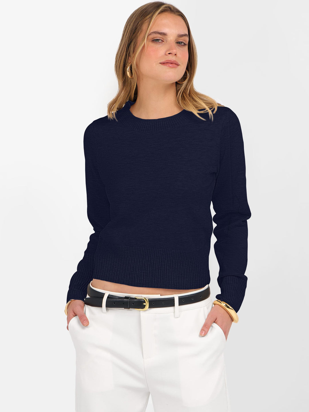 ANRABESS Women’s Long Sleeve Sweaters Cropped Crew Neck Business Casual Light Weight Sweater Tops Fall Fashion Clothes 2025