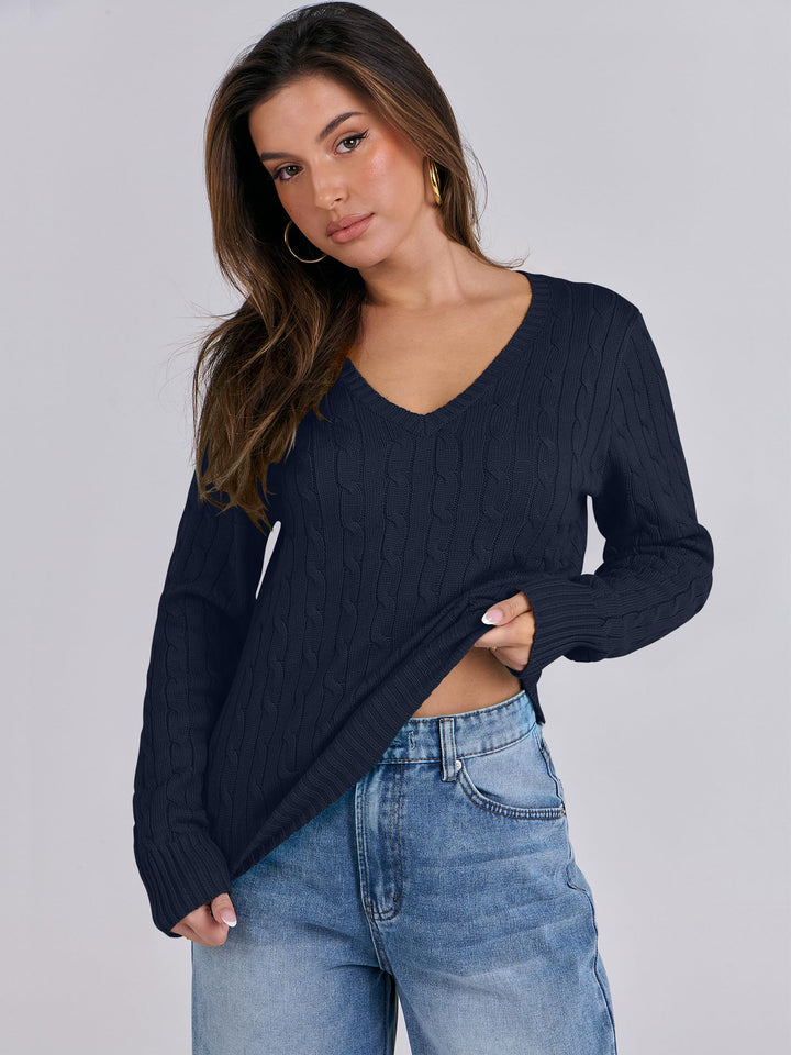 ANRABESS Womens Long Sleeve Cable Knit Sweater 2025 Fall Fashion V Neck Fitted Pullover Top Business Casual Work Fall Outfits