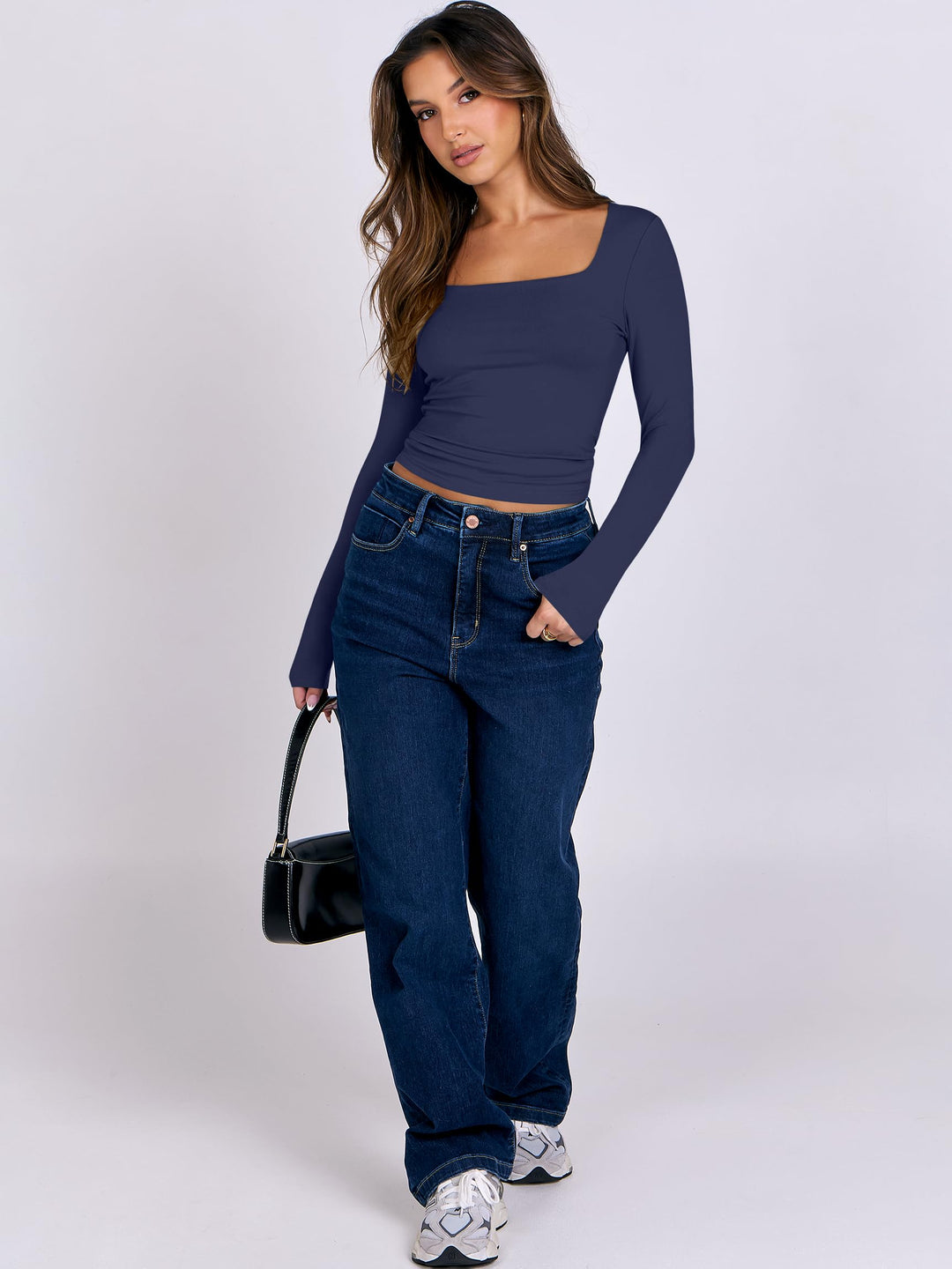 ANRABESS Women Long Sleeve Shirts Crop Tops Double Lined Square Neck Tight Fitted Going Out Basic Tee 2025 Y2K Fall Outifis