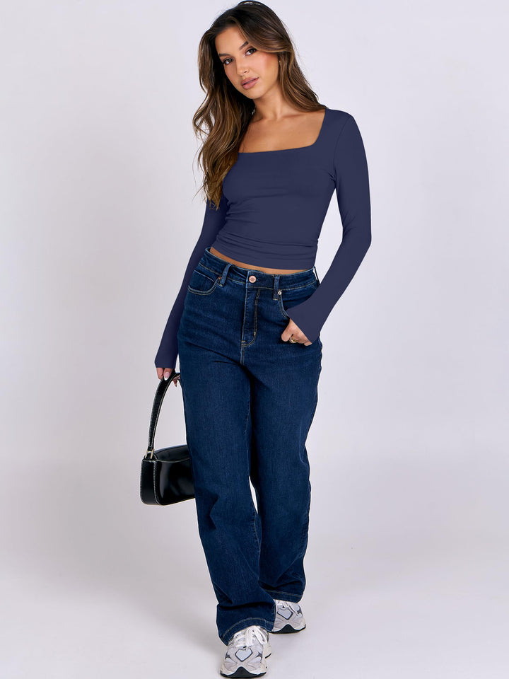 ANRABESS Women Long Sleeve Shirts Crop Tops Double Lined Square Neck Tight Fitted Going Out Basic Tee 2025 Y2K Fall Outifis