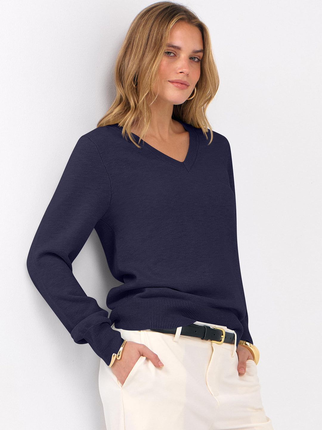 ANRABESS Womens Long Sleeve V Neck Sweaters 2025 Fall Fashion Wool Blend Work Pullover Top Travel Vacation Outfits