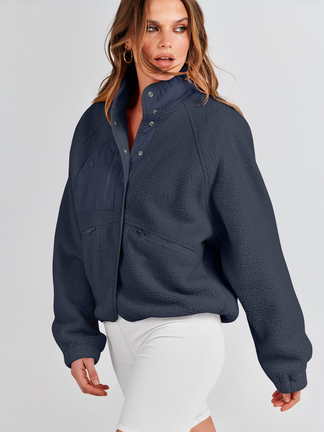 ANRABESS Womens Fuzzy Fleece Jacket Fall Casual Long Sleeve Cropped Sherpa Button Down Shacket Coats Outwear With Pockets