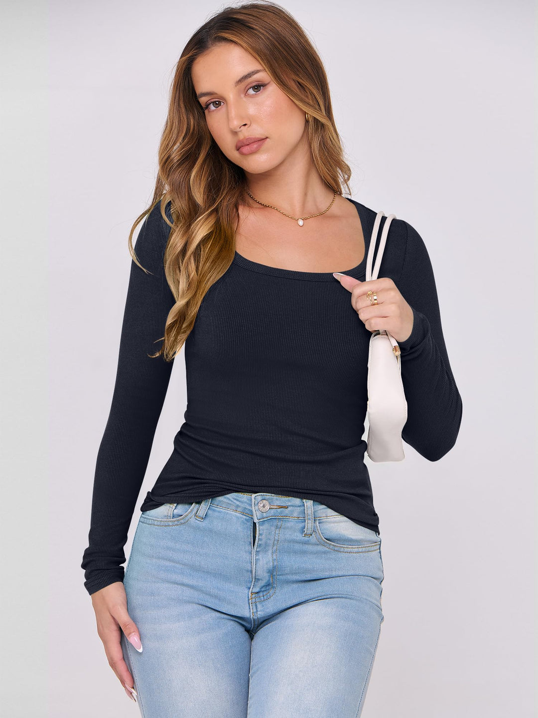 ANRABESS Womens Long Sleeve Shirts Scoop Neck Ribbed Knit Slim Fitted Tops Casual Basic Tee 2025 Fall Fashion Outfits Clothes