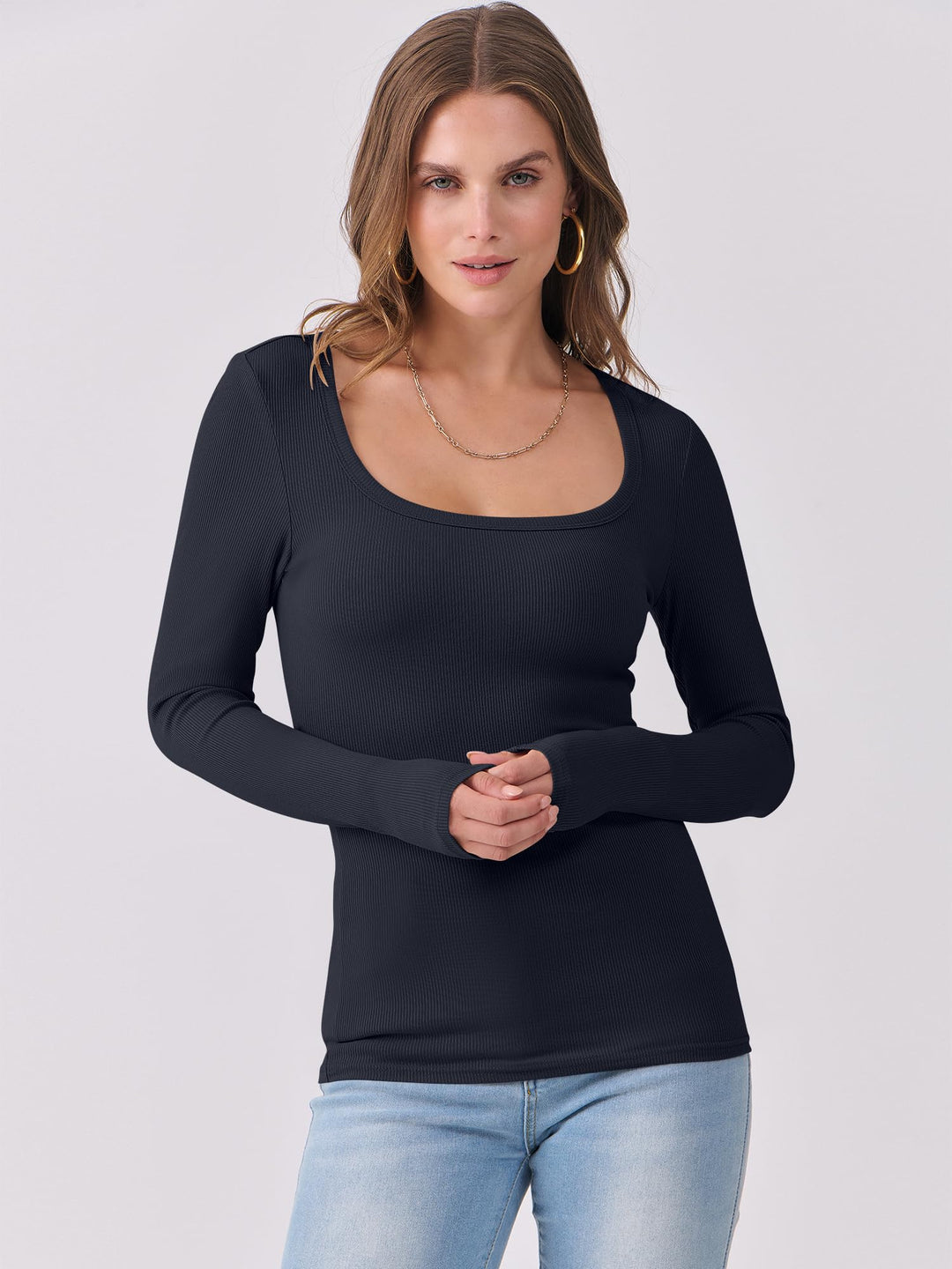 ANRABESS Womens Long Sleeve Shirts Scoop Neck Ribbed Knit Slim Fitted Tops Casual Basic Tee 2025 Fall Fashion Outfits Clothes