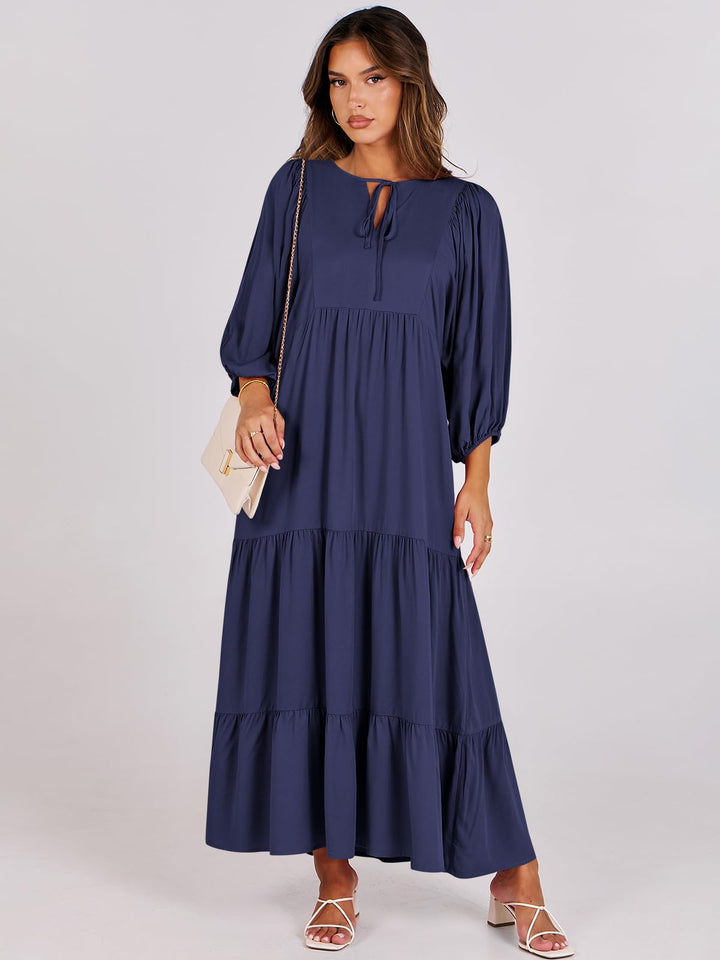 ANRABESS Womens Boho Maxi Dresses 2025 Summer V Neck Puff Sleeve Floral Flowy Swing Fall Casual Long Dress