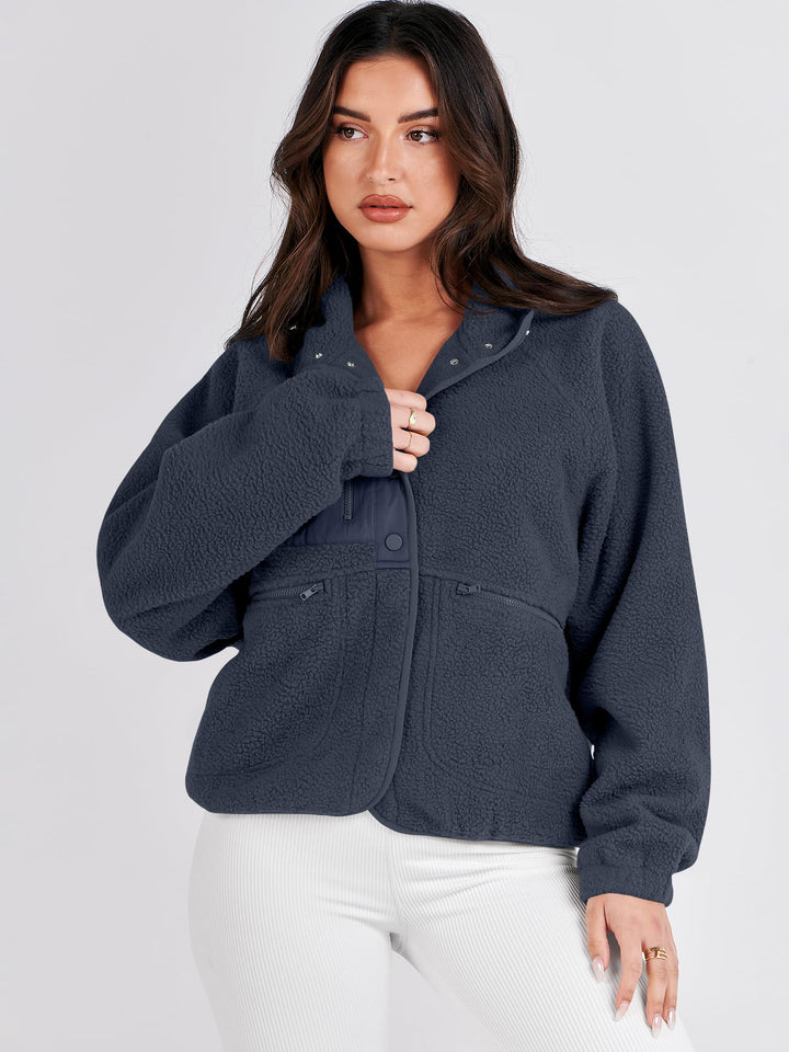 ANRABESS Womens Fuzzy Fleece Jacket Fall Casual Long Sleeve Cropped Sherpa Button Down Shacket Coats Outwear With Pockets