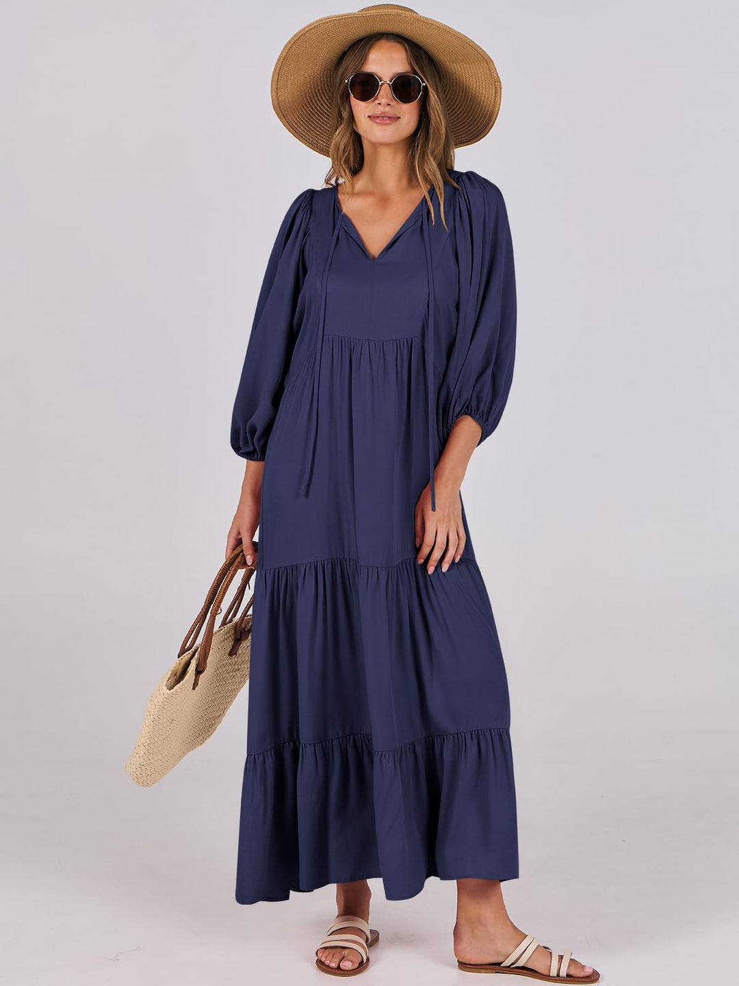 ANRABESS Womens Boho Maxi Dresses 2025 Summer V Neck Puff Sleeve Floral Flowy Swing Fall Casual Long Dress