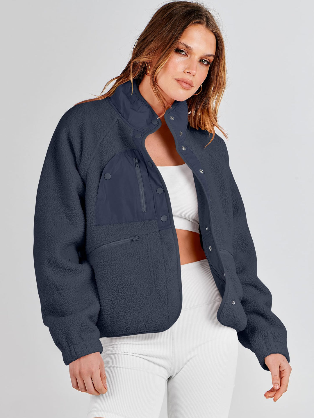 ANRABESS Womens Fuzzy Fleece Jacket Fall Casual Long Sleeve Cropped Sherpa Button Down Shacket Coats Outwear With Pockets