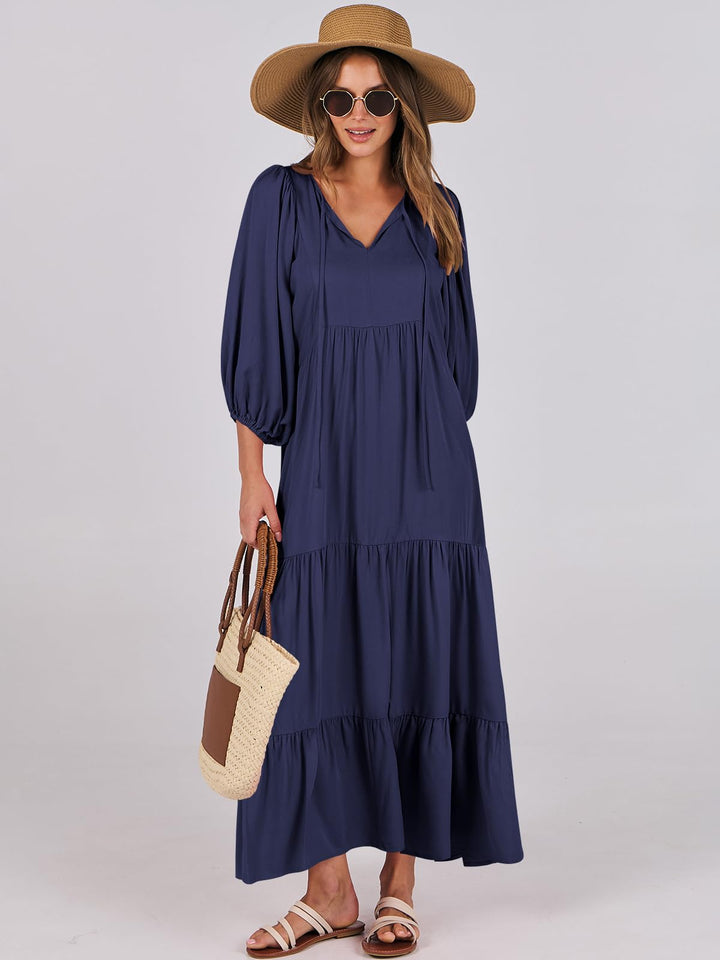 ANRABESS Womens Boho Maxi Dresses 2025 Summer V Neck Puff Sleeve Floral Flowy Swing Fall Casual Long Dress