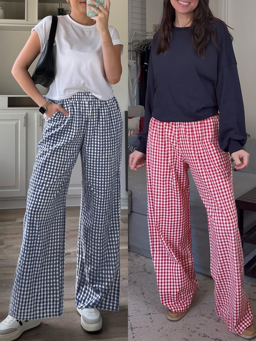 ANRABESS Womens Striped Gingham Palazzo Pants Wide Leg High Waisted Lounge Pajama Pants Cute Casual Trousers with Pockets