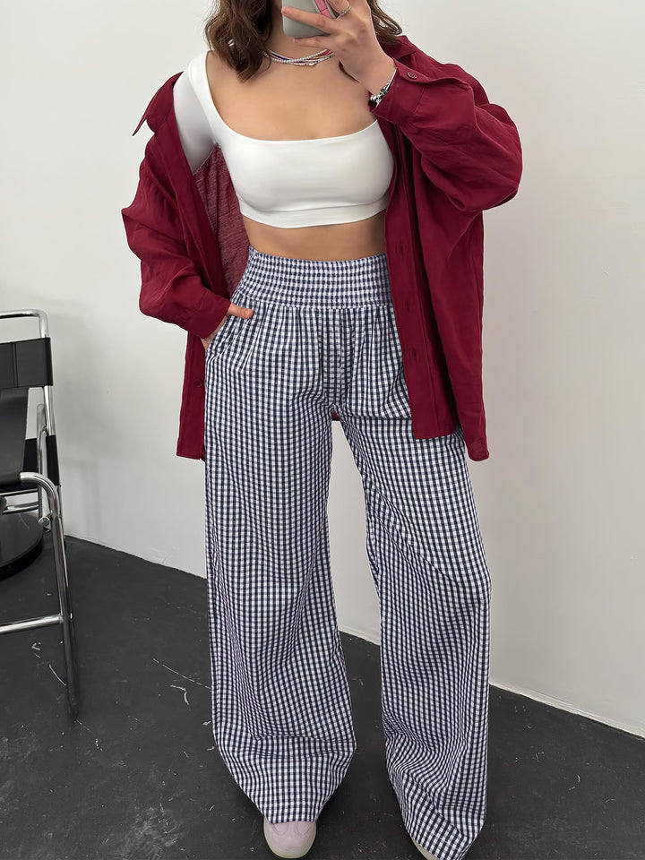 ANRABESS Womens Striped Gingham Palazzo Pants Wide Leg High Waisted Lounge Pajama Pants Cute Casual Trousers with Pockets