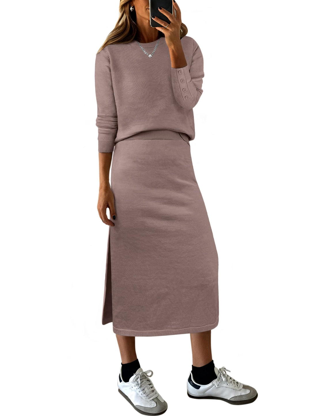 ANRABESS 2 Piece Skirts Sets For Women Fall Fashion 2025 Striped Sweater Midi Dress Knit Lounge Travel Outfits Winter Clothes