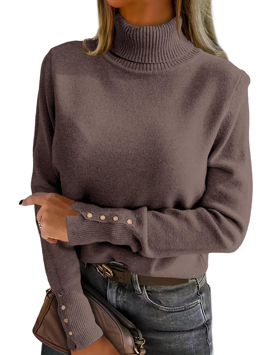 ANRABESS Turtleneck Sweaters for Women 2025 Fall Long Sleeve Dressy Casual Soft Knitted Button Basic Pullover Tops Outfits