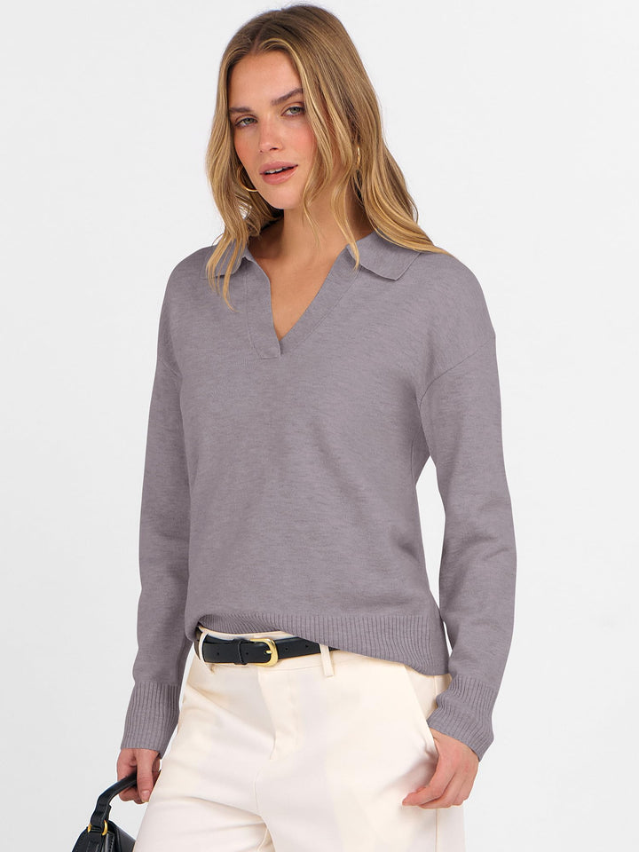 ANRABESS Womens Polo V Neck Long Sleeve Sweaters Lightweight Dressy Casual Business Basic Knit Pullover Top 2025 Fall Outfits