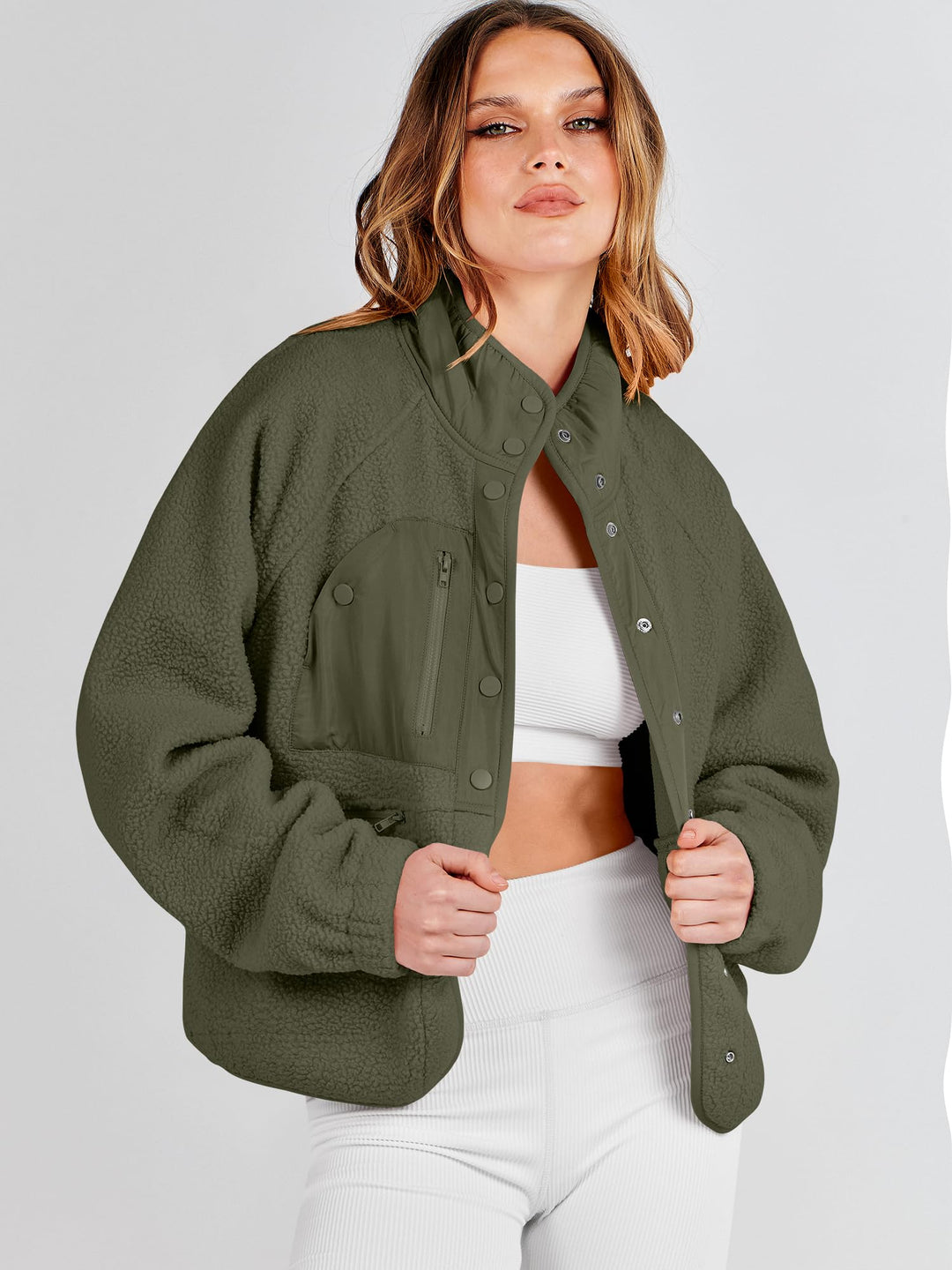 ANRABESS Womens Fuzzy Fleece Jacket Fall Casual Long Sleeve Cropped Sherpa Button Down Shacket Coats Outwear With Pockets