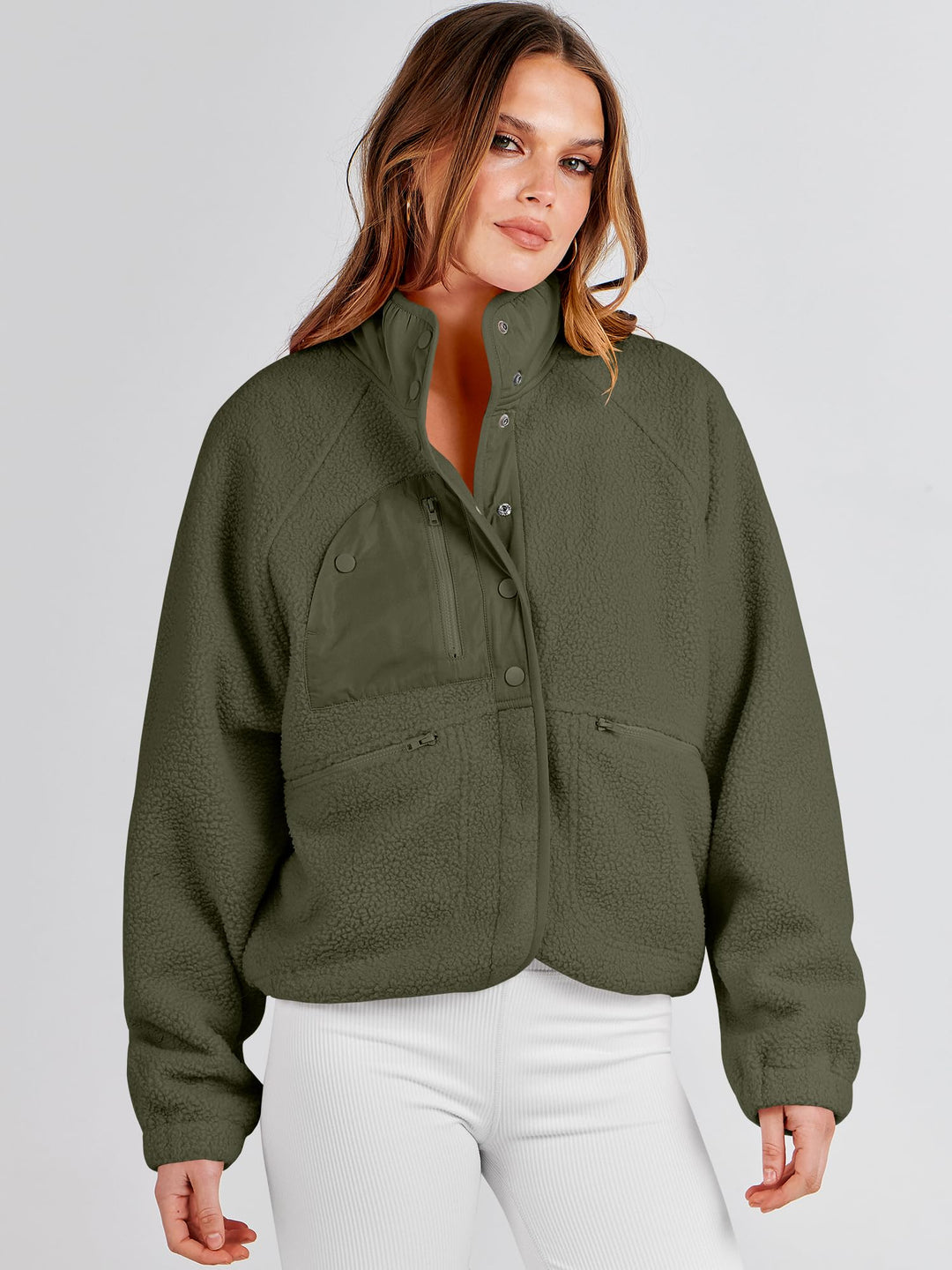 ANRABESS Womens Fuzzy Fleece Jacket Fall Casual Long Sleeve Cropped Sherpa Button Down Shacket Coats Outwear With Pockets