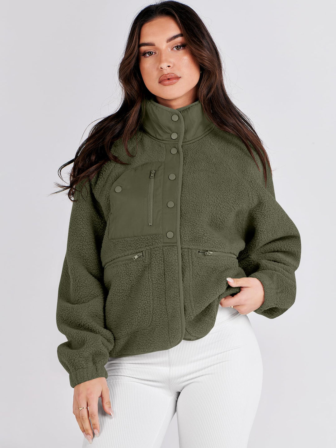 ANRABESS Womens Fuzzy Fleece Jacket Fall Casual Long Sleeve Cropped Sherpa Button Down Shacket Coats Outwear With Pockets