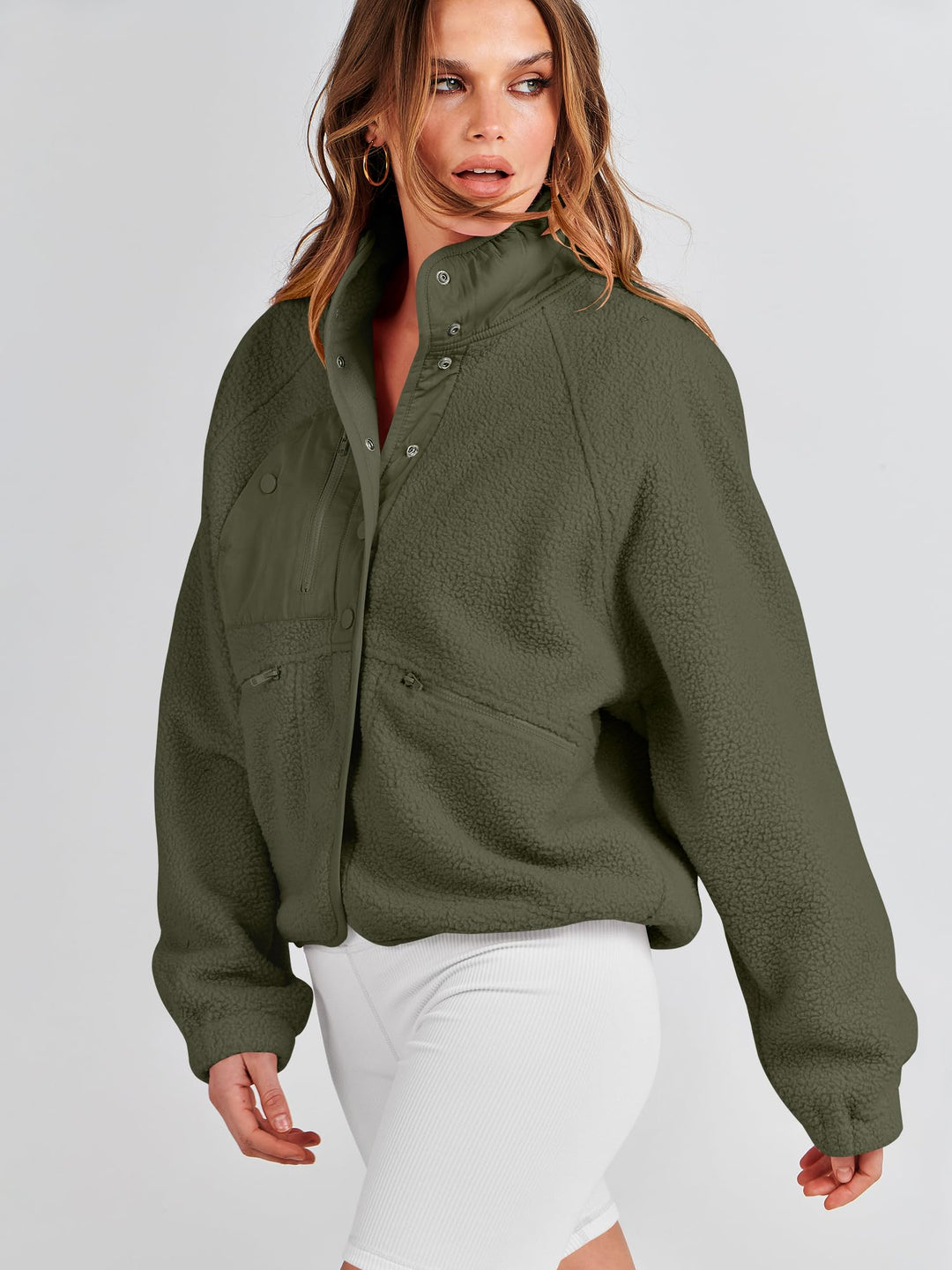 ANRABESS Womens Fuzzy Fleece Jacket Fall Casual Long Sleeve Cropped Sherpa Button Down Shacket Coats Outwear With Pockets