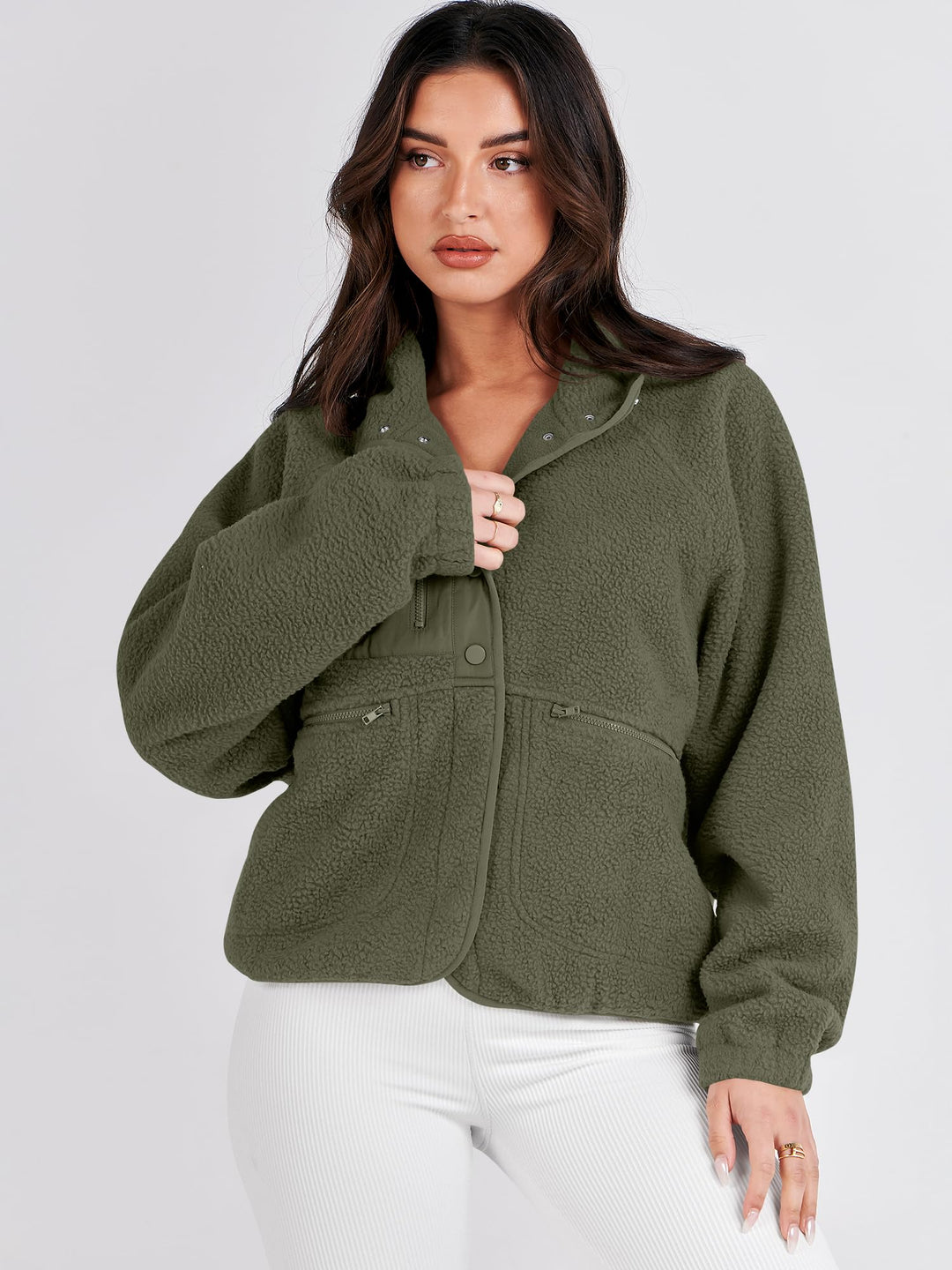 ANRABESS Womens Fuzzy Fleece Jacket Fall Casual Long Sleeve Cropped Sherpa Button Down Shacket Coats Outwear With Pockets